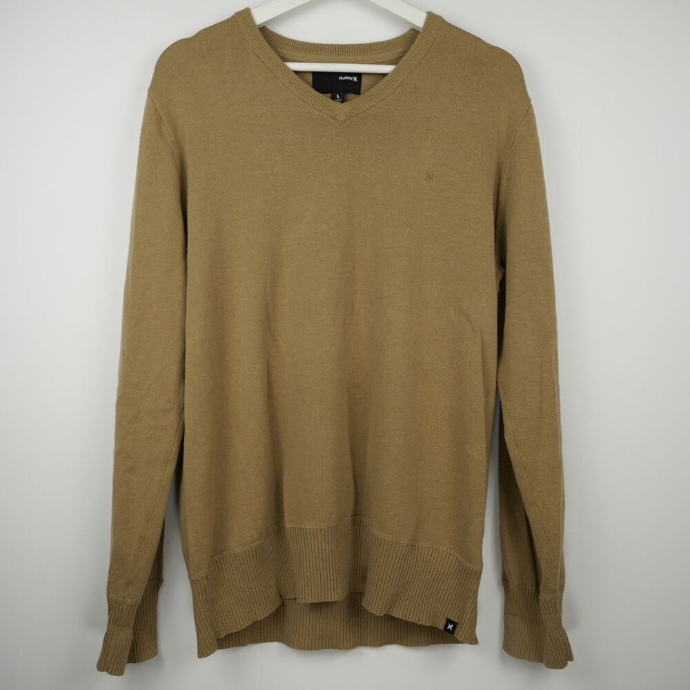 Hurley Sweater Mens Large Brown Long Sleeve Cotton Knitted V-Neck Pullover Basic